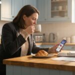 Persona ocupada revisando una app de inglés en el móvil mientras toma café por la mañana