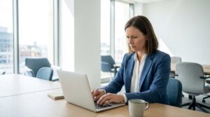 Profesional escribiendo un email en inglés en un portátil en una oficina minimalista