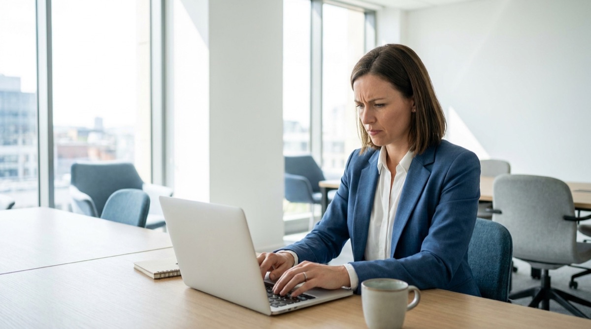 Profesional escribiendo un email en inglés en un portátil en una oficina minimalista