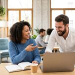 Dos personas conversando en inglés de forma natural en un espacio de coworking