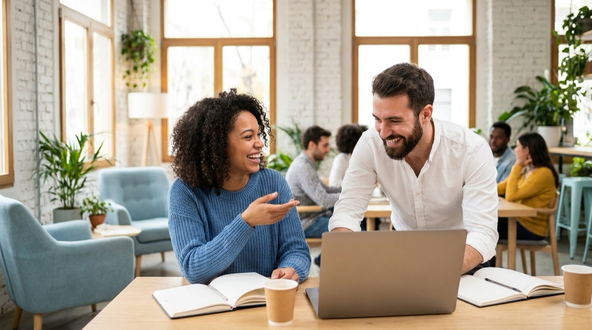 Dos personas conversando en inglés de forma natural en un espacio de coworking