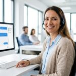 Agente de atención al cliente con auriculares en un call center moderno