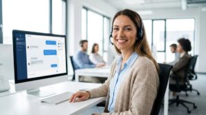 Agente de atención al cliente con auriculares en un call center moderno