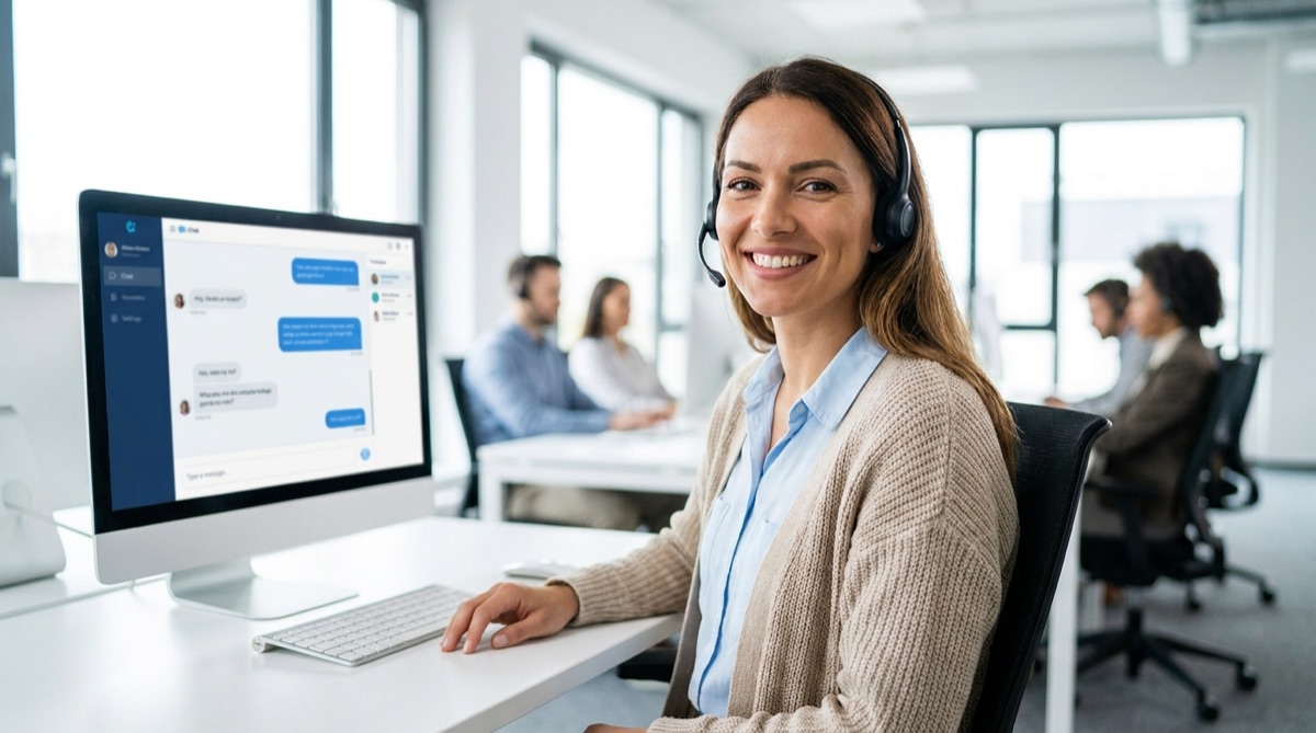 Agente de atención al cliente con auriculares en un call center moderno