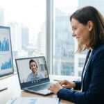 Profesional de finanzas en clase de inglés por videollamada con gráficos financieros en pantalla