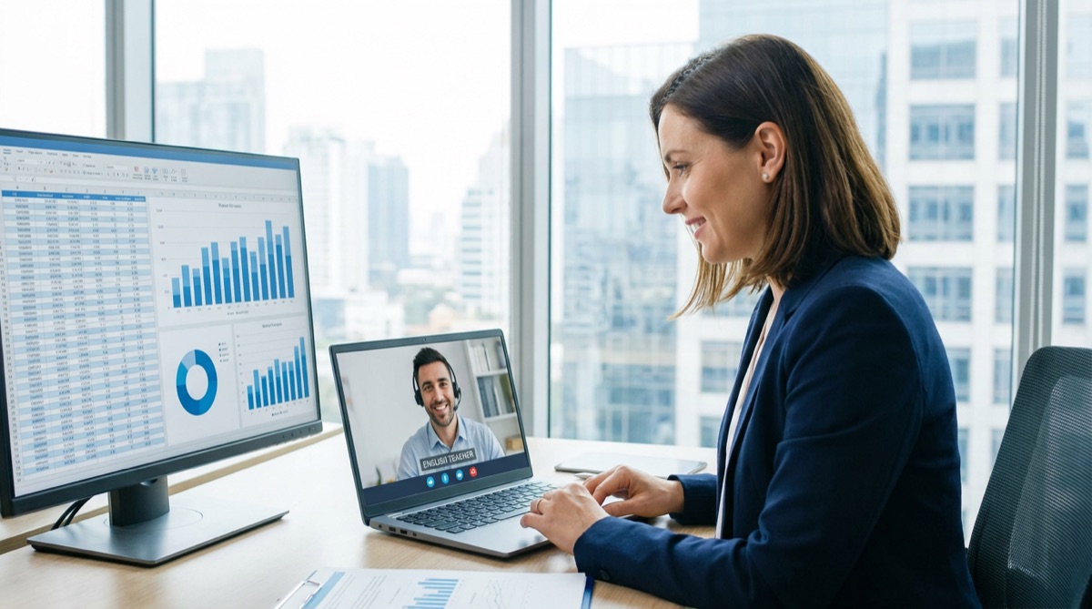 Profesional de finanzas en clase de inglés por videollamada con gráficos financieros en pantalla