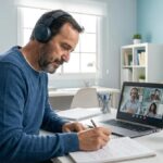 Persona preparando el examen de inglés para una oposición con auriculares y portátil