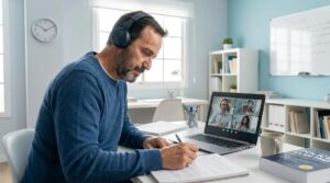 Persona preparando el examen de inglés para una oposición con auriculares y portátil