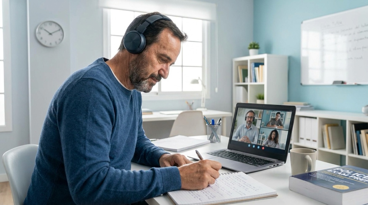 Persona preparando el examen de inglés para una oposición con auriculares y portátil