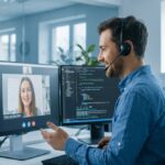 Programador en una clase de inglés técnico por videollamada con doble monitor de código de fondo