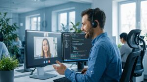 Programador en una clase de inglés técnico por videollamada con doble monitor de código de fondo
