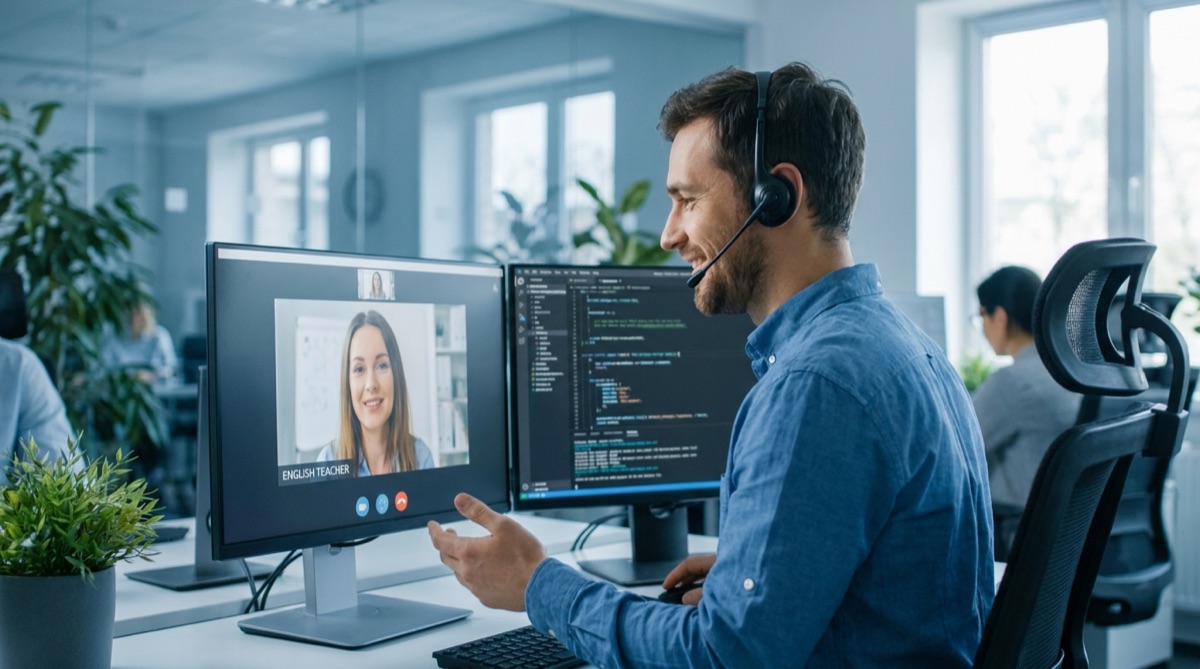 Programador en una clase de inglés técnico por videollamada con doble monitor de código de fondo