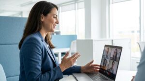 Profesional de Recursos Humanos en reunión por videollamada con compañeros internacionales