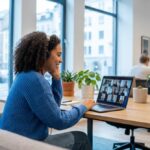 Joven profesional en entrevista de trabajo por videollamada en una oficina de startup