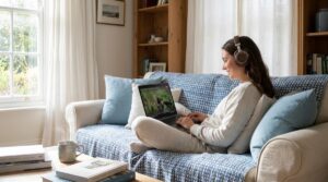Persona relajada en el sofá con auriculares viendo una serie en inglés