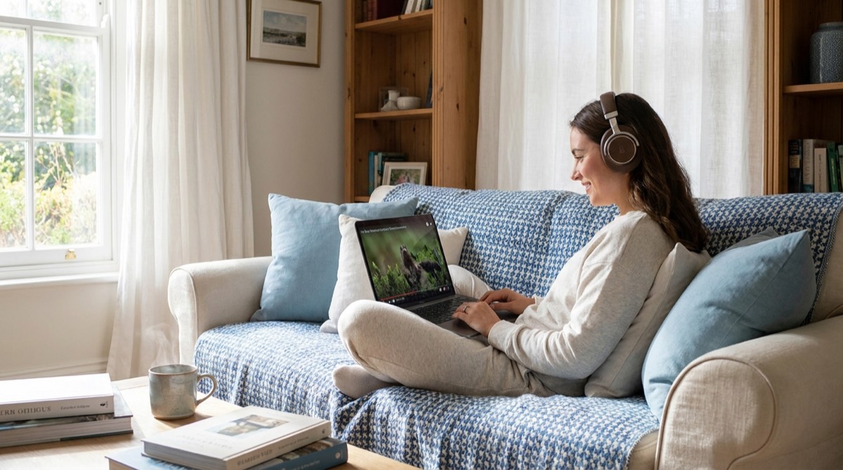 Persona relajada en el sofá con auriculares viendo una serie en inglés