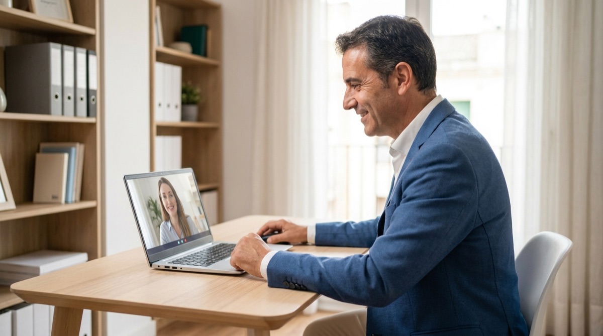 Persona haciendo clase de inglés online por videollamada para preparar el examen C1 Advanced